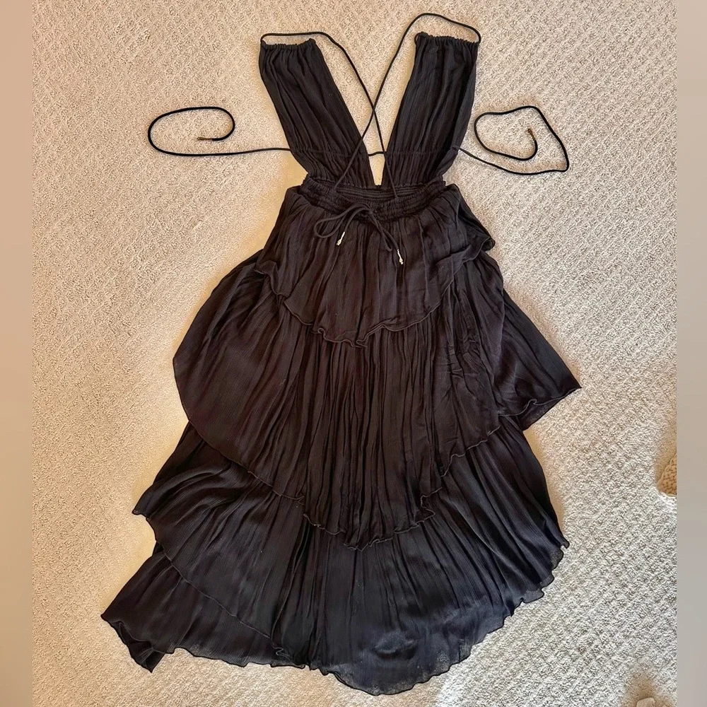 Free People Black Boho Maxi Dress Smocked Waist Short Sleeve Size S - Picture 5 of 8